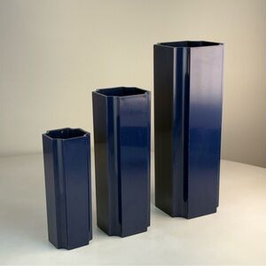 Vintage 70s Trio Set of Dark Blue Retro Plastic Vases Designs by Ingrid Chicago